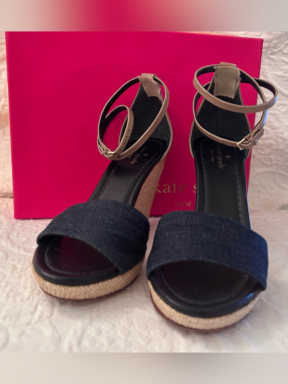 KATE SPADE Denim & Taupe Espadrille Wedge Sandals, size 8 B/M
